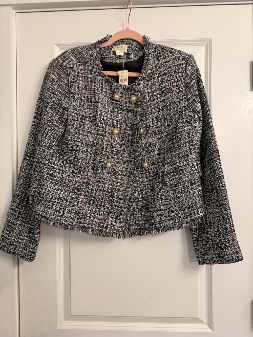 Maeve Black & White Tweed Double-Breasted Fringe Blazer